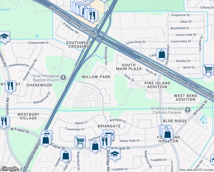 map of restaurants, bars, coffee shops, grocery stores, and more near 7030 Roberson Road in Missouri City