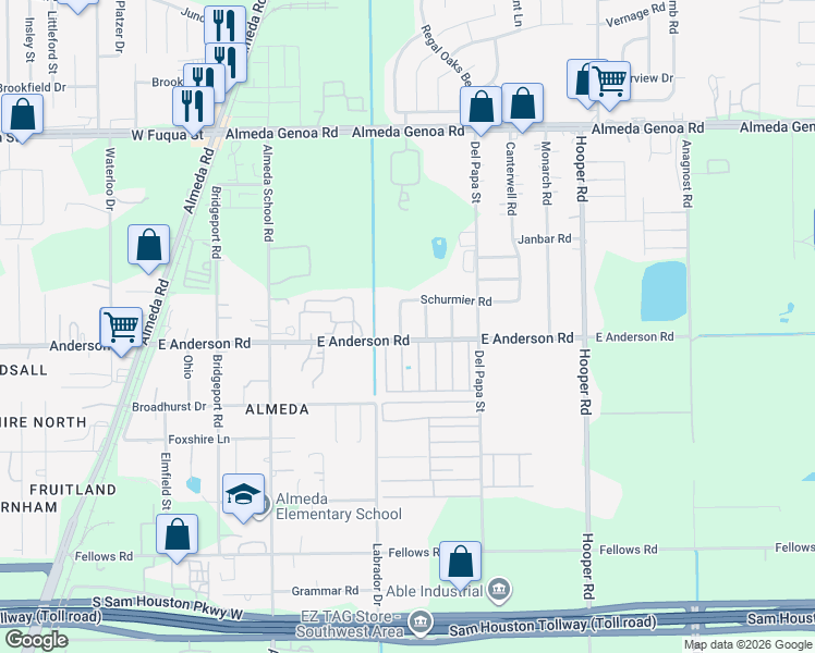 map of restaurants, bars, coffee shops, grocery stores, and more near 13719 Milan Drive in Houston