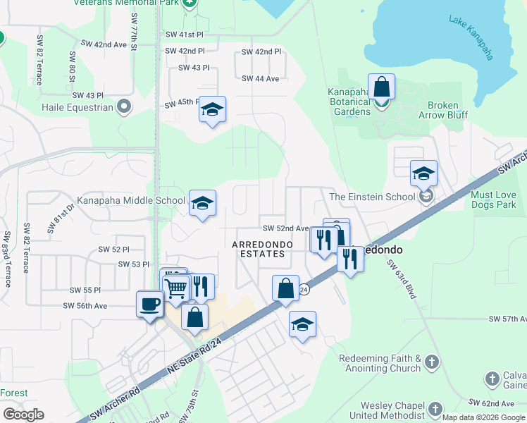 map of restaurants, bars, coffee shops, grocery stores, and more near 5027 Southwest 69 Street in Gainesville
