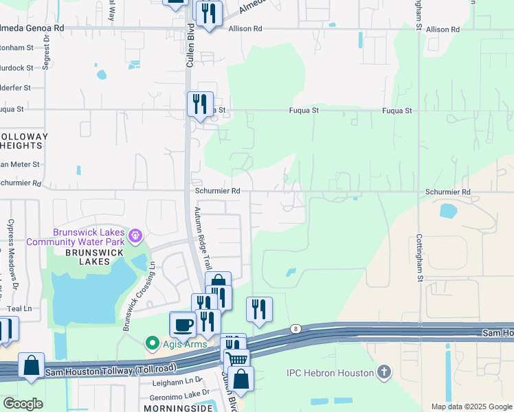 map of restaurants, bars, coffee shops, grocery stores, and more near 13921 Old Chocolate Bayou Road in Houston