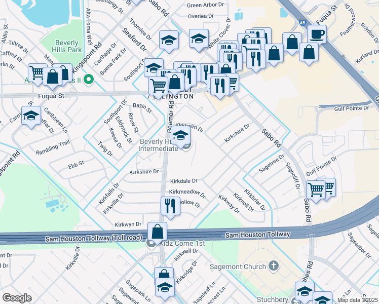 map of restaurants, bars, coffee shops, grocery stores, and more near 11111 Beamer Road in Houston