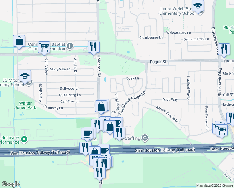 map of restaurants, bars, coffee shops, grocery stores, and more near 8718 Black Cliff Lane in Houston