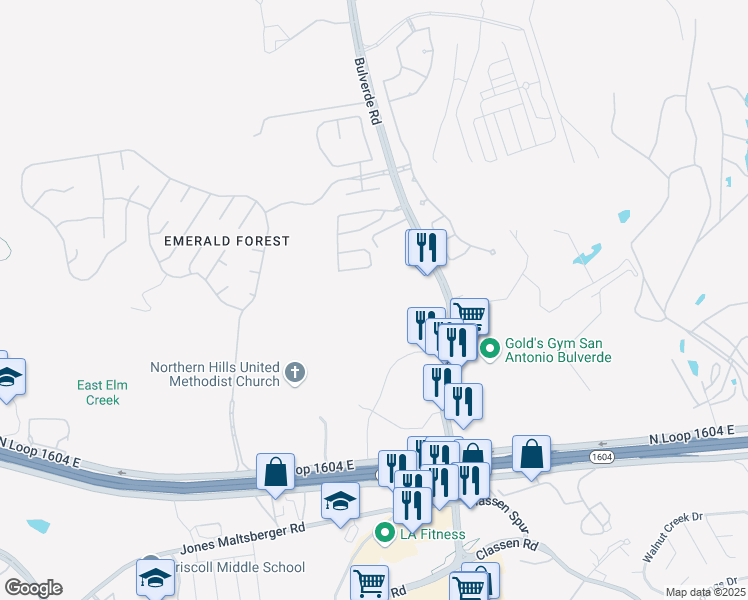 map of restaurants, bars, coffee shops, grocery stores, and more near 18211 Bulverde Road in San Antonio