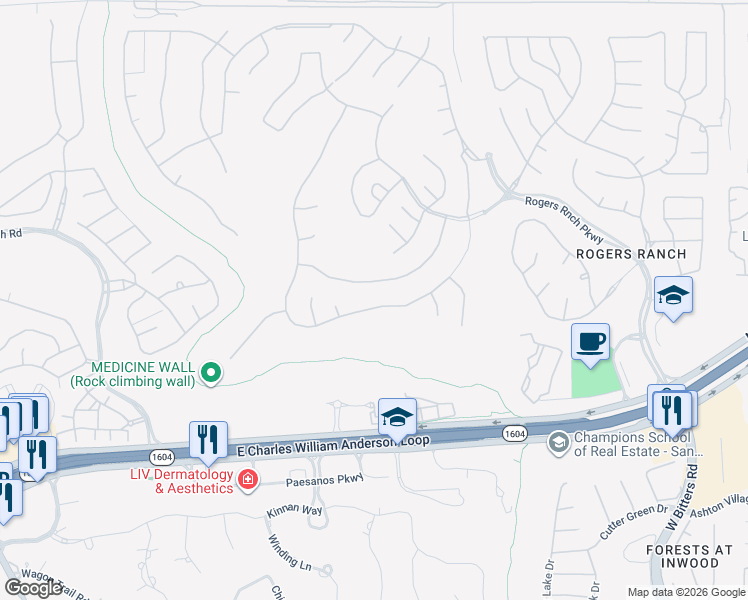 map of restaurants, bars, coffee shops, grocery stores, and more near 3203 Ivory Creek in San Antonio