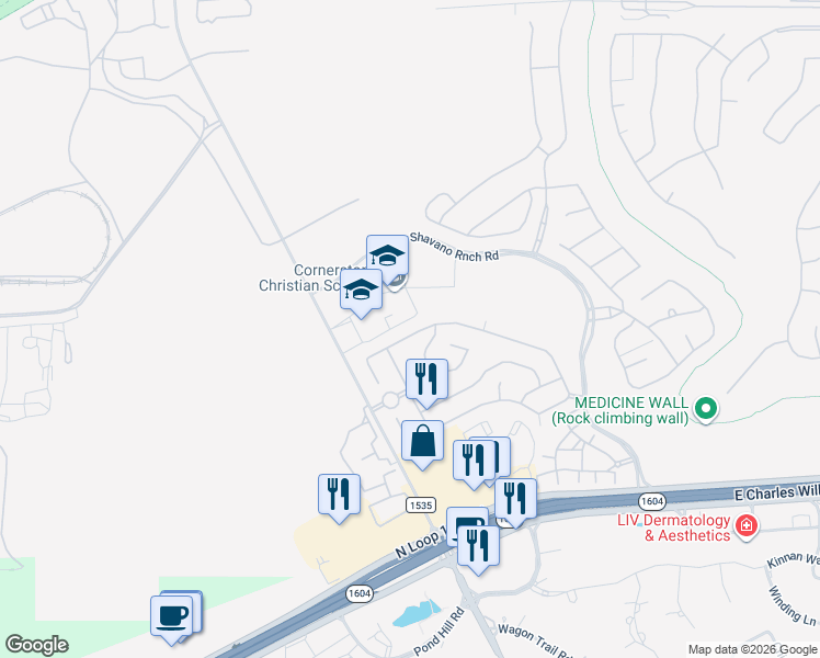 map of restaurants, bars, coffee shops, grocery stores, and more near 18330 Muir Glen Drive in San Antonio