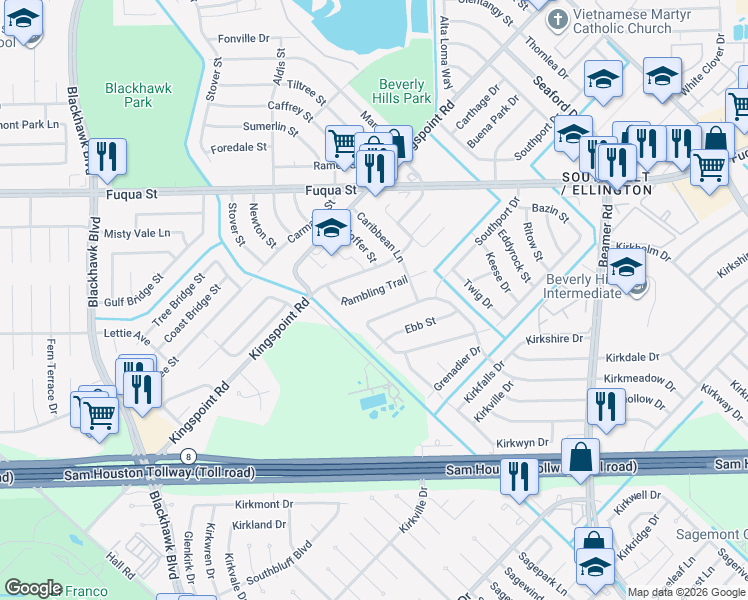map of restaurants, bars, coffee shops, grocery stores, and more near 9750 Rambling Trail in Houston