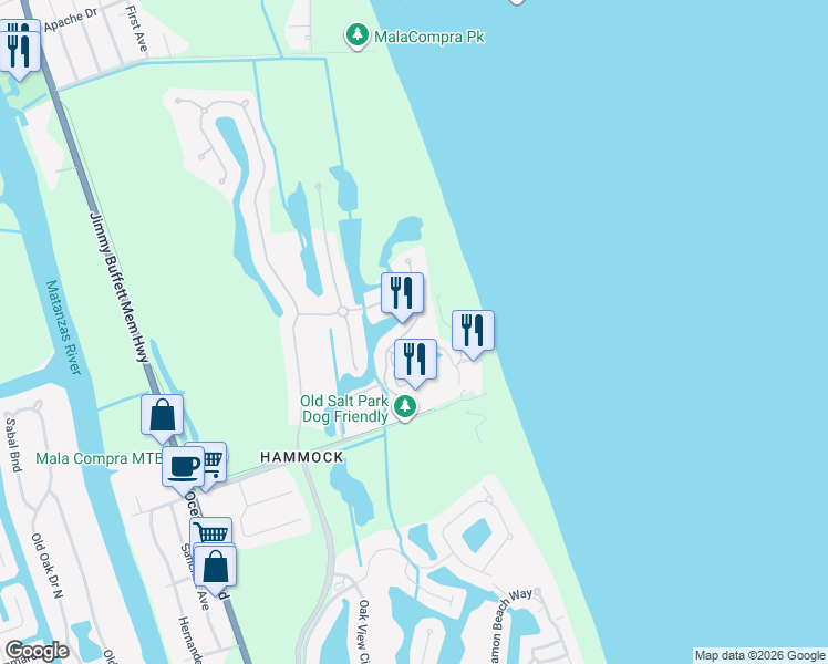 map of restaurants, bars, coffee shops, grocery stores, and more near 320 Ocean Crest Drive in Palm Coast