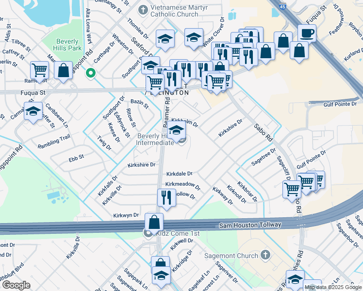 map of restaurants, bars, coffee shops, grocery stores, and more near 11111 Beamer Road in Houston