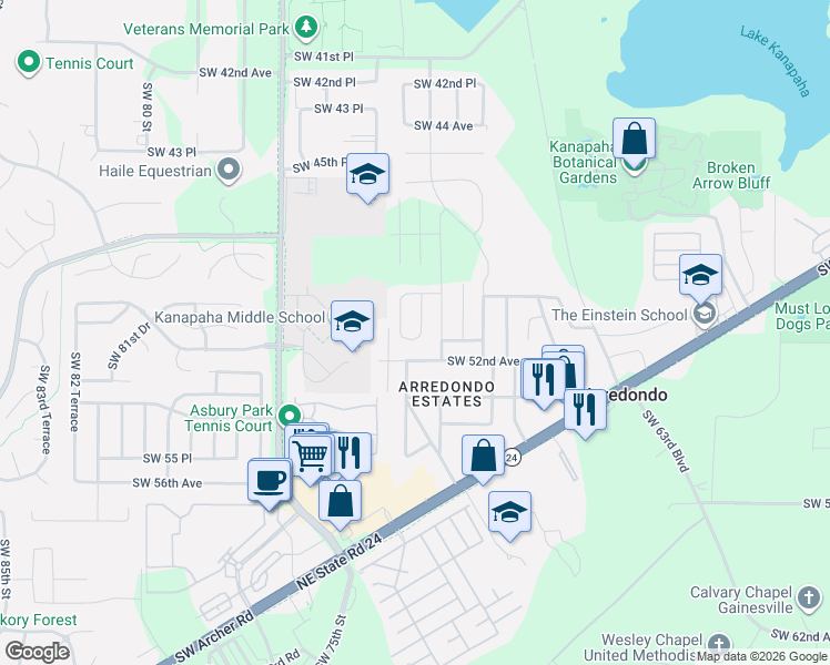 map of restaurants, bars, coffee shops, grocery stores, and more near 5024 Southwest 69 Terrace in Gainesville