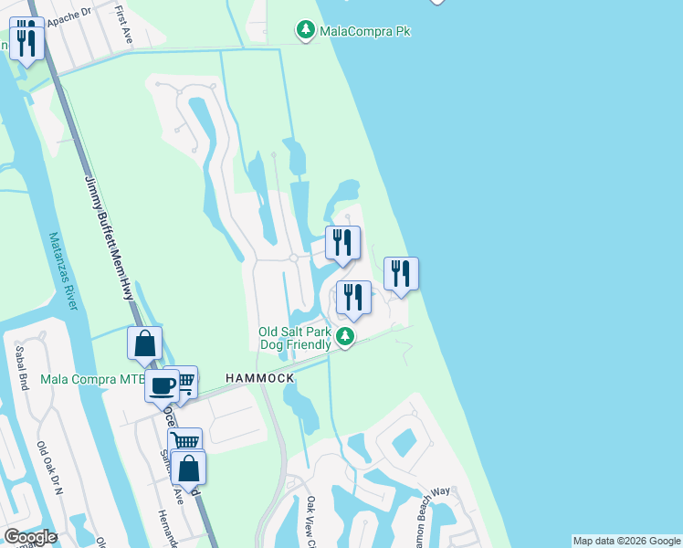 map of restaurants, bars, coffee shops, grocery stores, and more near 320 Ocean Crest Drive in Palm Coast