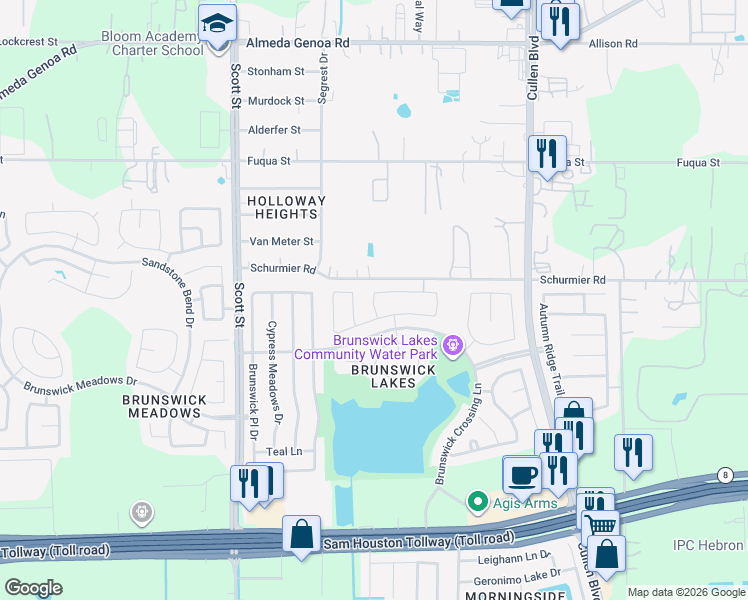 map of restaurants, bars, coffee shops, grocery stores, and more near 13914 Bayfield Glen Lane in Houston