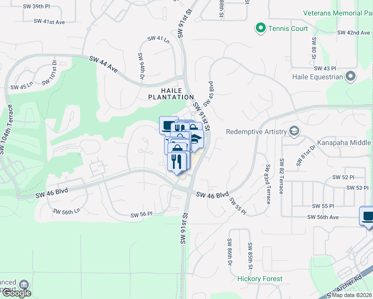 map of restaurants, bars, coffee shops, grocery stores, and more near 5204 Southwest 91st Terrace in Gainesville