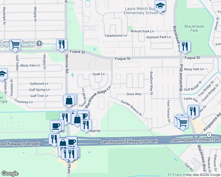 map of restaurants, bars, coffee shops, grocery stores, and more near 10935 Kess Way Lane in Houston