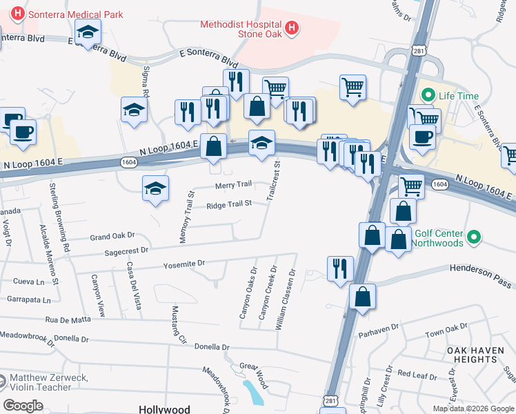 map of restaurants, bars, coffee shops, grocery stores, and more near 100 Ridge Trail Street in San Antonio