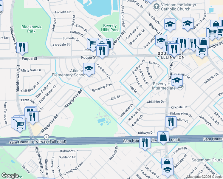 map of restaurants, bars, coffee shops, grocery stores, and more near 9751 Southport Drive in Houston