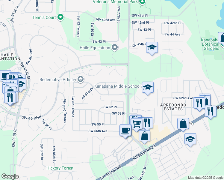 map of restaurants, bars, coffee shops, grocery stores, and more near 7713 Southwest 50th Road in Gainesville