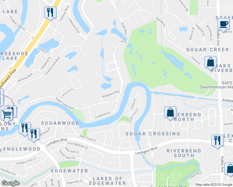 map of restaurants, bars, coffee shops, grocery stores, and more near 1211 Wedgewood Drive in Sugar Land
