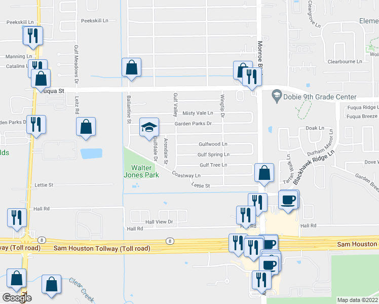 map of restaurants, bars, coffee shops, grocery stores, and more near 8219 Gulf Spring Lane in Houston