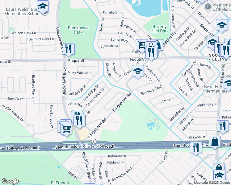 map of restaurants, bars, coffee shops, grocery stores, and more near 9530 Kingsvalley Drive in Houston
