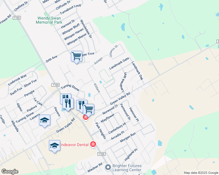 map of restaurants, bars, coffee shops, grocery stores, and more near 108 Landmark Park in Cibolo