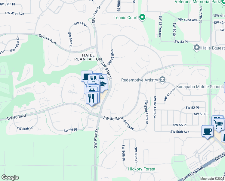 map of restaurants, bars, coffee shops, grocery stores, and more near 5074 Southwest 88 Terrace in Gainesville