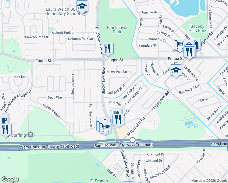 map of restaurants, bars, coffee shops, grocery stores, and more near 10930 Gulf Bridge Court in Houston