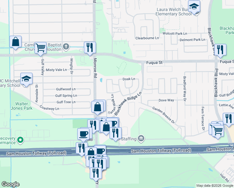 map of restaurants, bars, coffee shops, grocery stores, and more near 8718 Black Cliff Lane in Houston