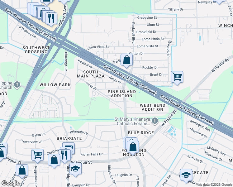 map of restaurants, bars, coffee shops, grocery stores, and more near 6622 Roberson Street in Houston