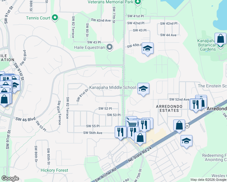 map of restaurants, bars, coffee shops, grocery stores, and more near 7520 Southwest 51 Boulevard in Gainesville