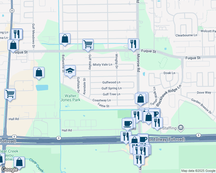 map of restaurants, bars, coffee shops, grocery stores, and more near 8311 Gulf Spring Lane in Houston
