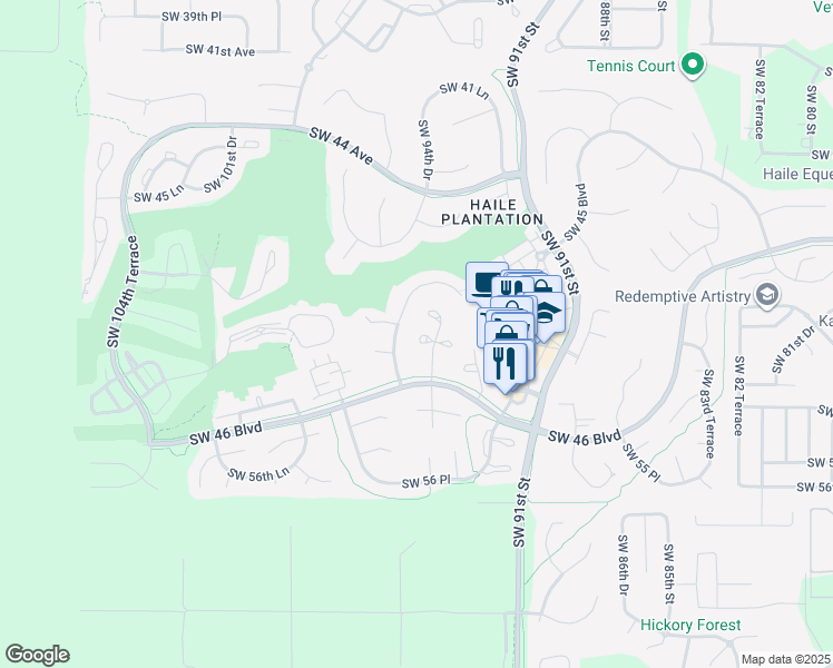 map of restaurants, bars, coffee shops, grocery stores, and more near 5116 Southwest 94 Street in Gainesville