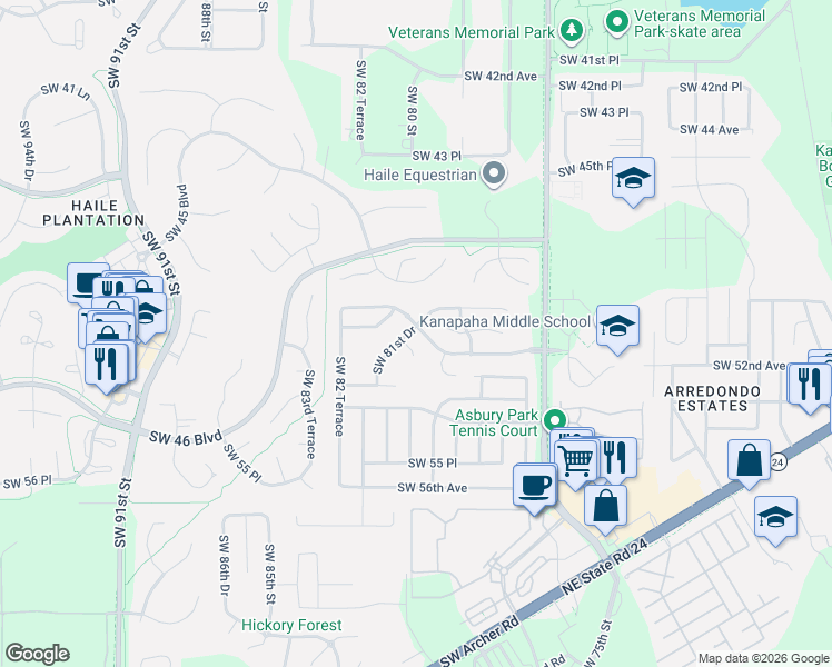 map of restaurants, bars, coffee shops, grocery stores, and more near 8032 Southwest 51 Lane in Gainesville