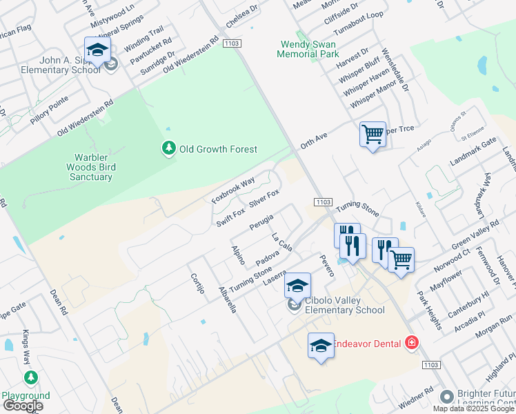 map of restaurants, bars, coffee shops, grocery stores, and more near 812 Silver Fox in Cibolo