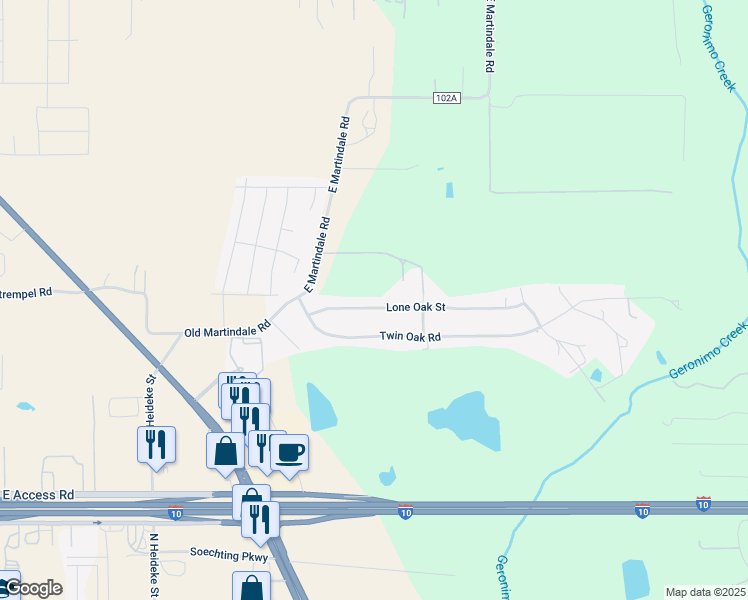 map of restaurants, bars, coffee shops, grocery stores, and more near 146 Lone Oak Street in Seguin