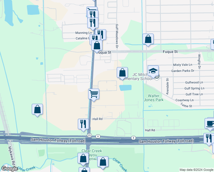 map of restaurants, bars, coffee shops, grocery stores, and more near 10901 Telephone Road in Houston