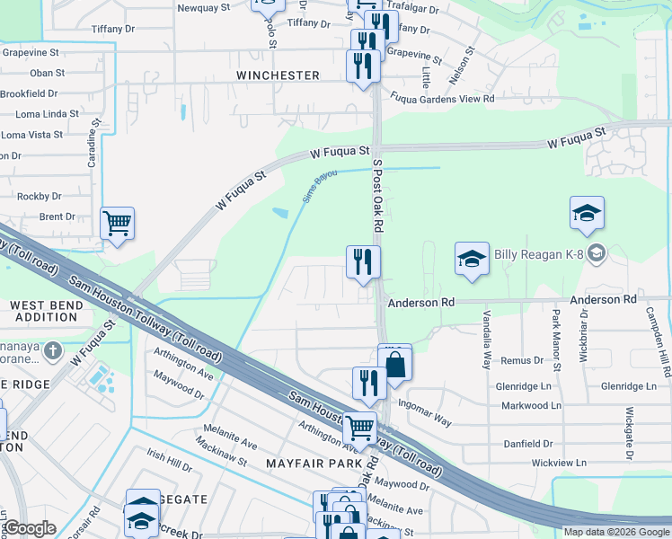 map of restaurants, bars, coffee shops, grocery stores, and more near 15106 Jordan Oaks Street in Houston