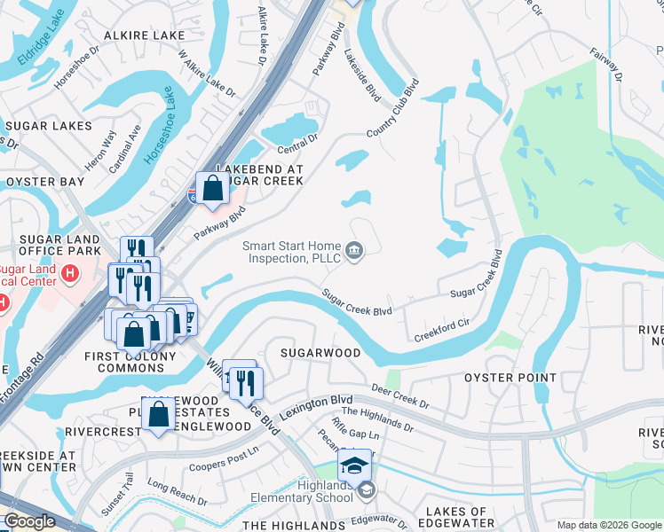 map of restaurants, bars, coffee shops, grocery stores, and more near 2 Burnham Circle in Sugar Land