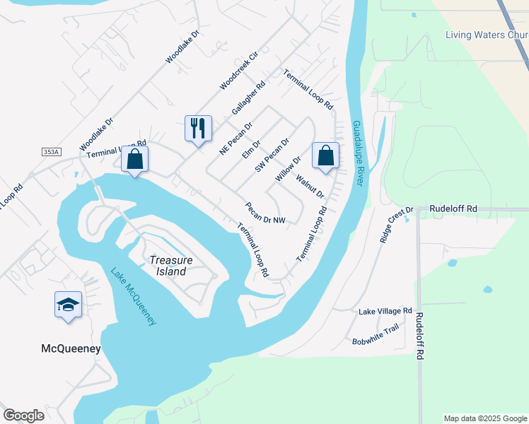 map of restaurants, bars, coffee shops, grocery stores, and more near 214 Willow Drive in McQueeney