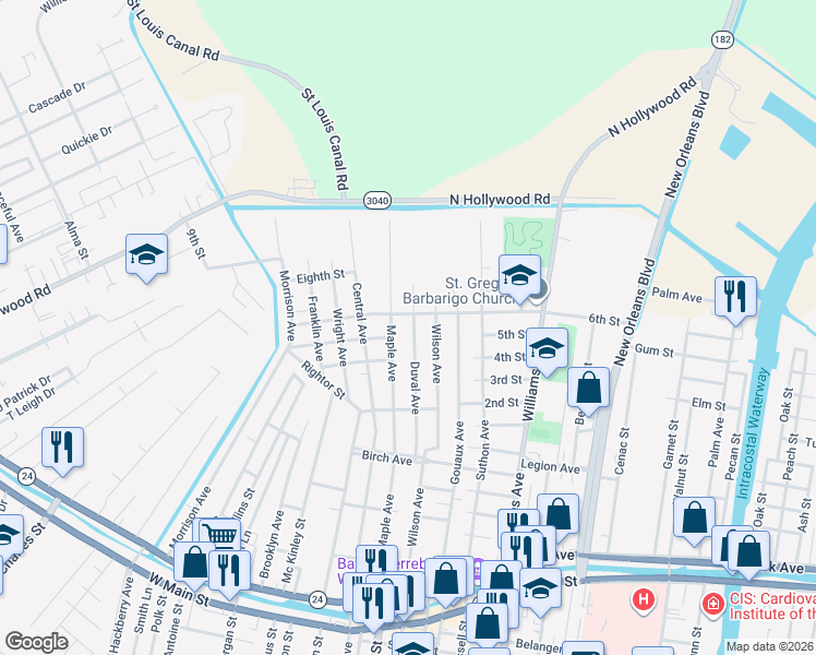 map of restaurants, bars, coffee shops, grocery stores, and more near 659 Duval Ave in Houma