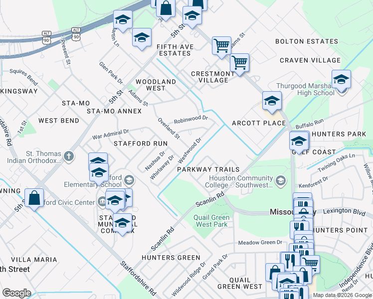 map of restaurants, bars, coffee shops, grocery stores, and more near 923 Citation Drive in Stafford