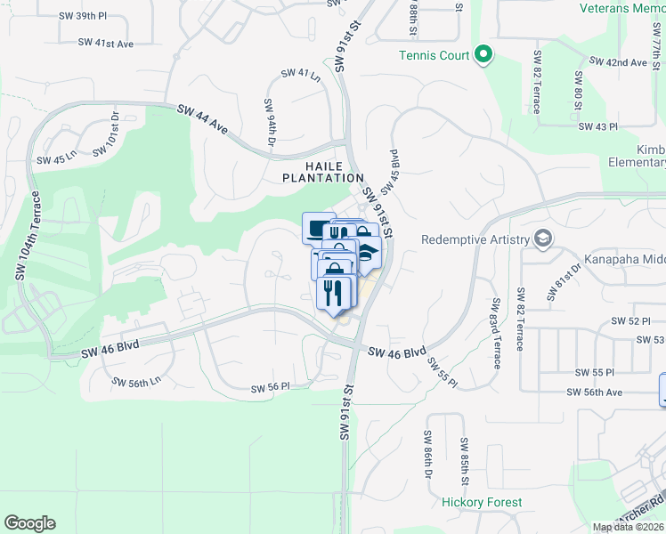 map of restaurants, bars, coffee shops, grocery stores, and more near 5133 Southwest 91 Court in Gainesville