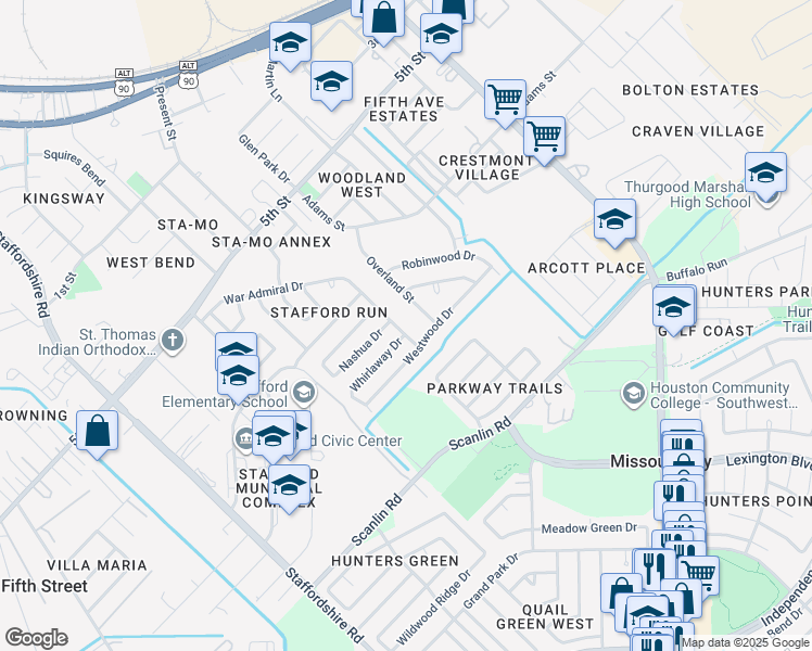 map of restaurants, bars, coffee shops, grocery stores, and more near 923 Citation Drive in Stafford