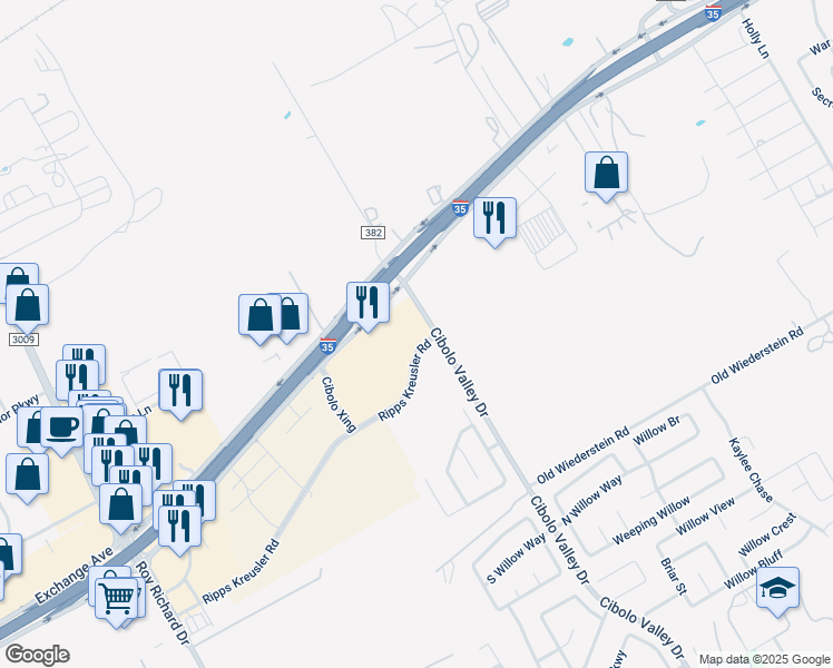 map of restaurants, bars, coffee shops, grocery stores, and more near 18384 Interstate 35 in Schertz