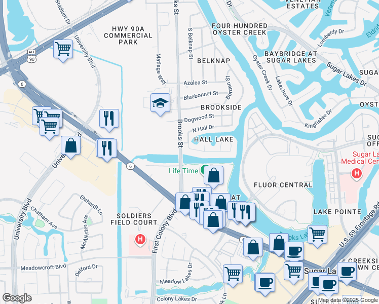 map of restaurants, bars, coffee shops, grocery stores, and more near 171 South Hall Drive in Sugar Land