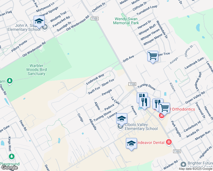 map of restaurants, bars, coffee shops, grocery stores, and more near 816 Silver Fox in Cibolo
