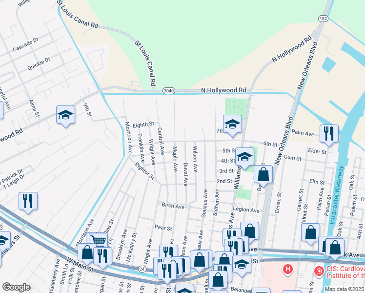 map of restaurants, bars, coffee shops, grocery stores, and more near 659 Duval Ave in Houma