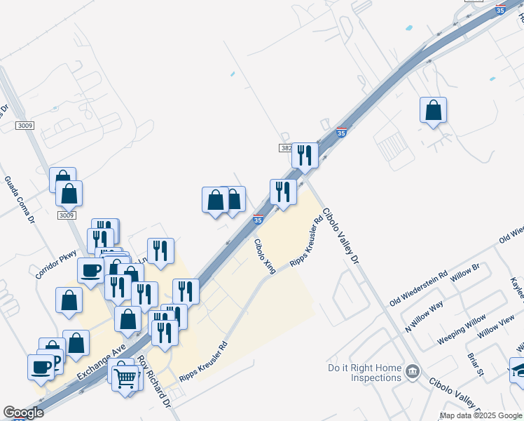 map of restaurants, bars, coffee shops, grocery stores, and more near Interstate 35 in Selma