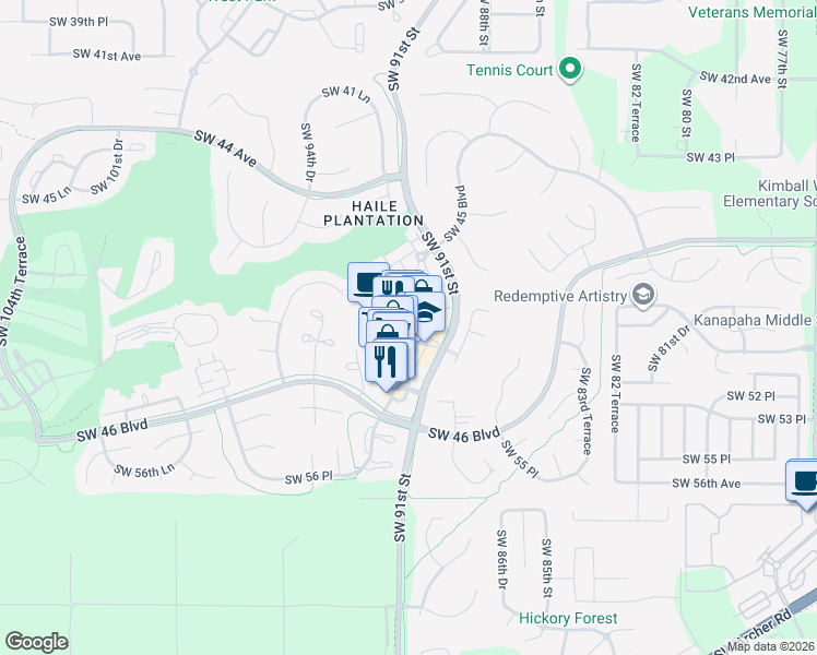 map of restaurants, bars, coffee shops, grocery stores, and more near 5204 Southwest 91 Terrace in Gainesville