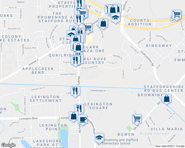 map of restaurants, bars, coffee shops, grocery stores, and more near 3001 Dove Country Drive in Stafford