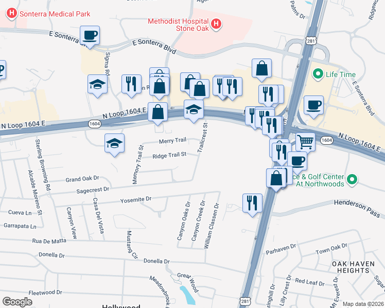 map of restaurants, bars, coffee shops, grocery stores, and more near 100 Ridge Trail Street in San Antonio